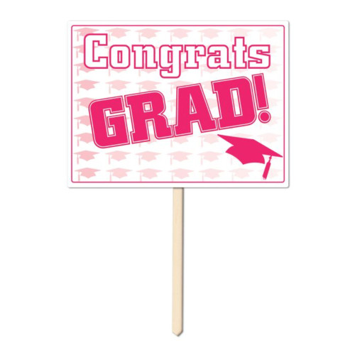 Pack of 6 Pink & White Plastic Congrats Grad Yard Sign Decorations 15 ...