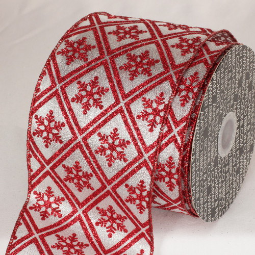Silver & Red Christmas Snowflake Wired Craft Ribbon 5