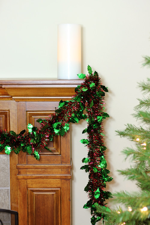 50' Shiny Red Christmas Tinsel Garland with Green Holly Unlit