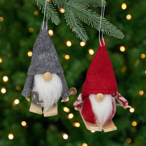 Set of 2 Red & Gray Skiing Gnomes Christmas Ornaments 5" | Christmas ...