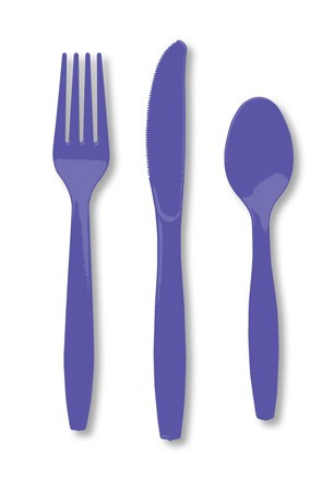 Club Pack of 216 Purple Plastic Party Knives, Forks & Spoons