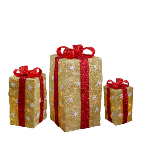 Set of 3 Lighted Tall Gold Gift Boxes with Red Bows Christmas Outdoor ...