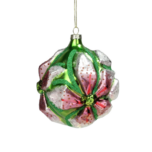 4" Pink & Green Glittered 3D Flower Glass Christmas Ornament