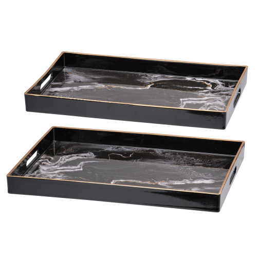 Marble Designed Rectangular Trays - 19" - Black & White - Set of 2 ...