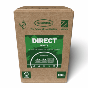 White Direct 10L ready-to-use line marking paint for use with spray line marking machines on grass sports pitches.
