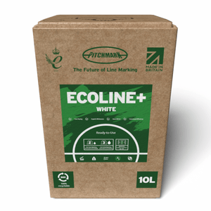 Ecoline+ 10L white ready-to-use line marking paint to use with high pressure spray line marking machines on grass sports pitches. eco friendly Bag-in-Box packaging