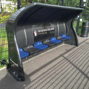 Harrod Sport Standard Fibretech Team Shelter in black with black and blue seats Harrod Sport Standard Fibretech Team Shelter in black with black and blue seats