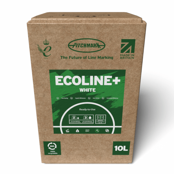 Ecoline+ 10L white ready-to-use line marking paint to use with high pressure spray line marking machines on grass sports pitches. eco friendly Bag-in-Box packaging