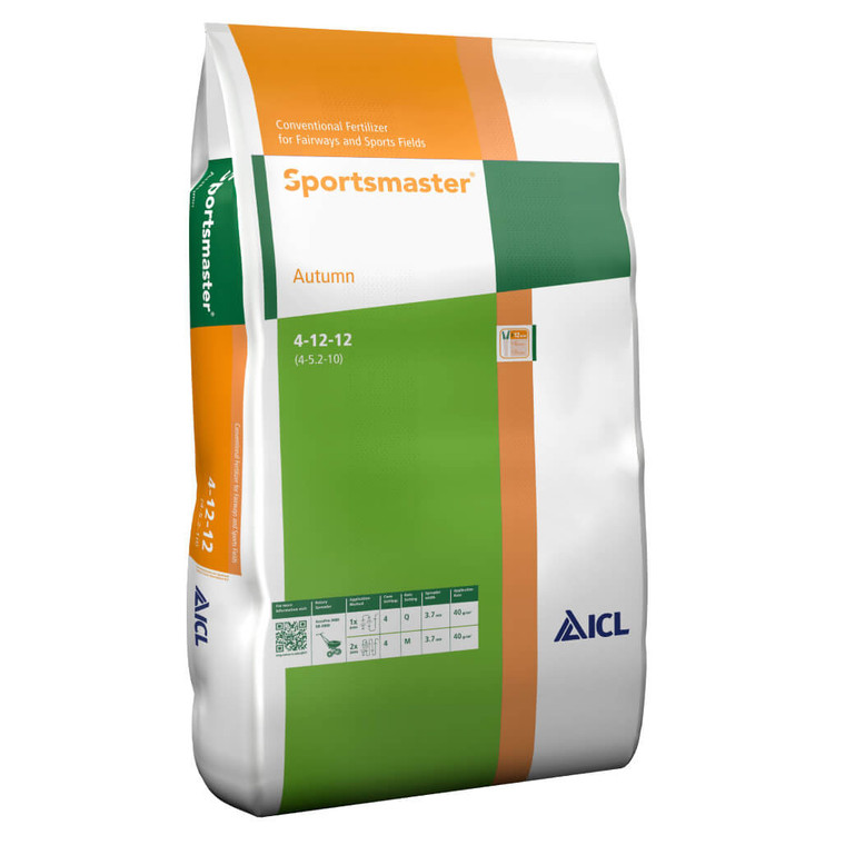 Sportsmaster Autumn 4-12-12 Granular Fertiliser has a six week longevity. Pack size is 25kg, to be used between June to October. 