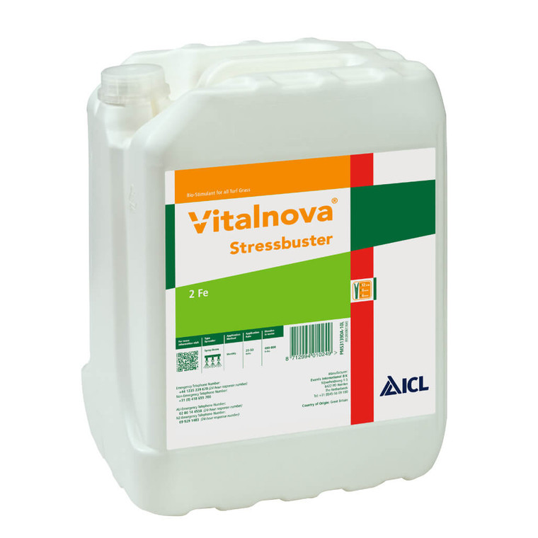 Vitalnova Stressbuster Liquid Fertiliser in a 10 litre bottle to be used monthly, all year round with an immediate turf response.