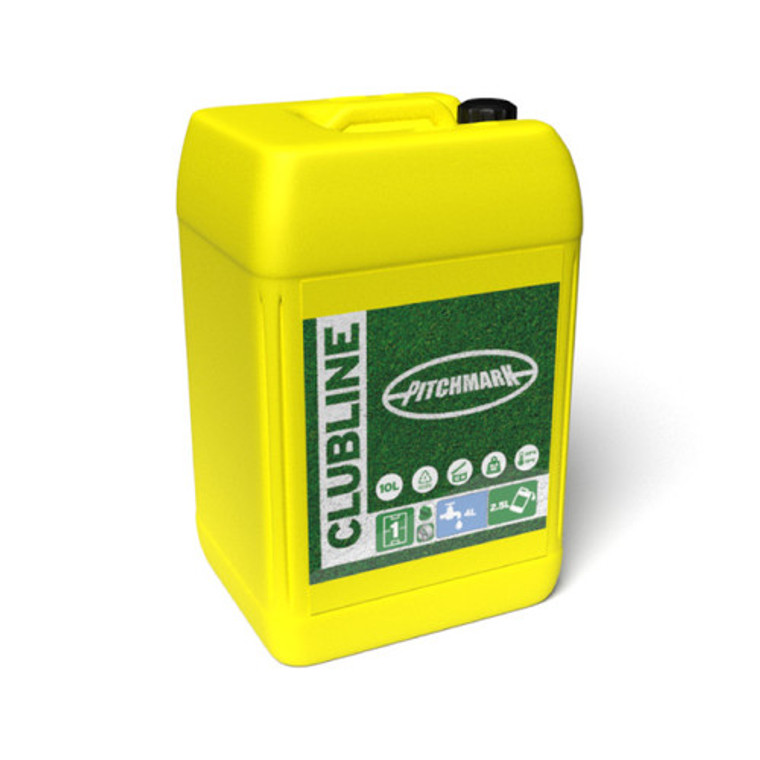 Yellow Clubline 10L concentrate line marking paints to use with transfer wheel to wheel or spray line marking machines on grass sports pitches.