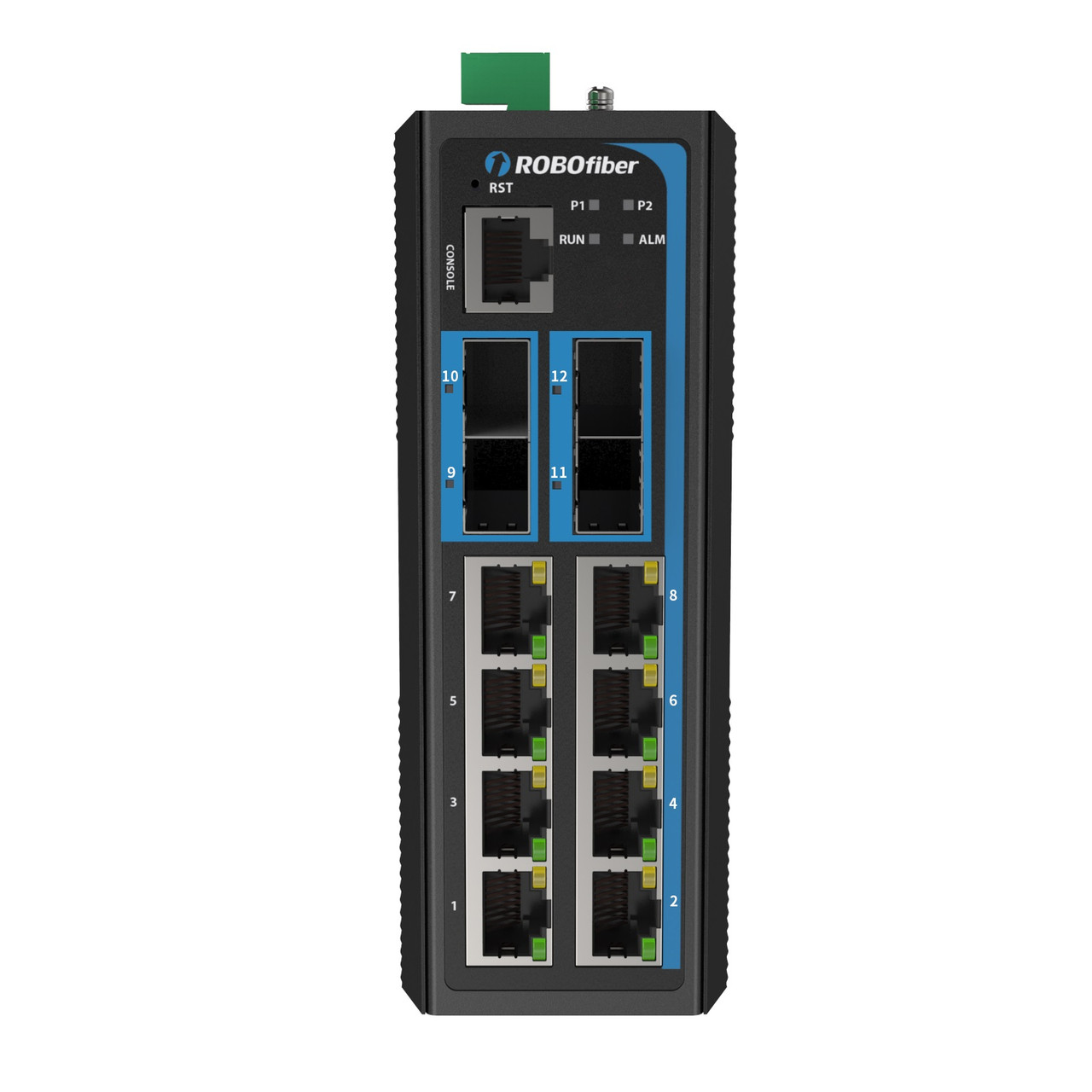 H10-804SM-PSE - Gigabit/10G 8+4 ports Ethernet Managed PoE Industrial fiber switch 240W total power - front panel