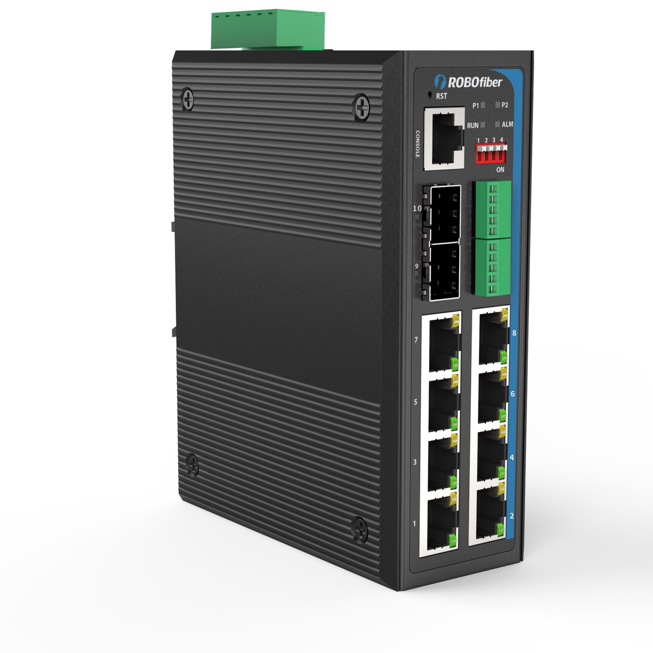 HGW-802SM-SER - 8x RJ45 + 2x SFP ports + 2x RS485/422/232 serial ports Gigabit Ethernet Managed Industrial fiber switch, DIN rail mount, -40 to +75 Celsius