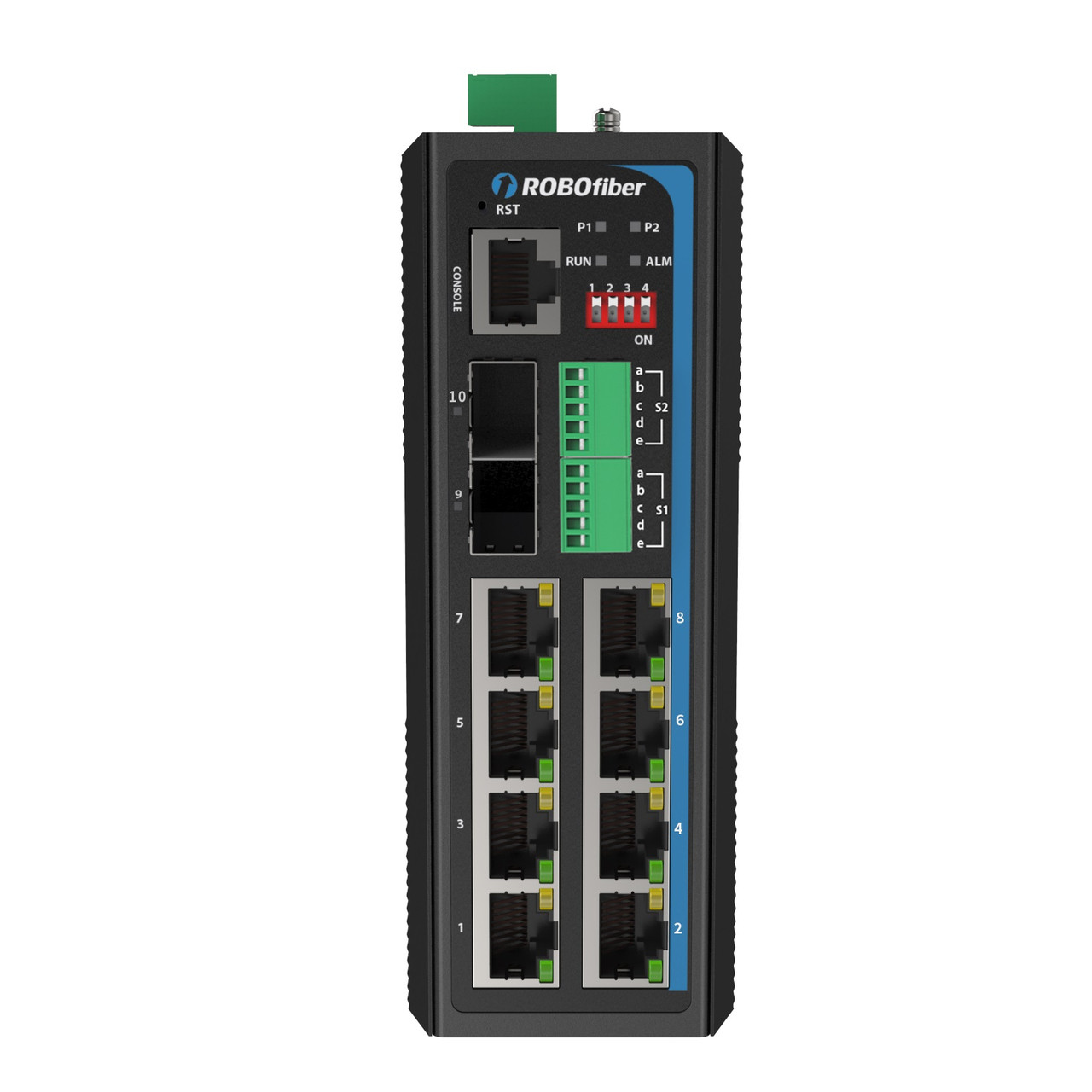 HGW-802SM-SER-PSE - 8x RJ45 + 2x SFP ports + 2x RS485/422/232 serial ports Gigabit Ethernet Managed PoE Industrial fiber switch 240W total power front view