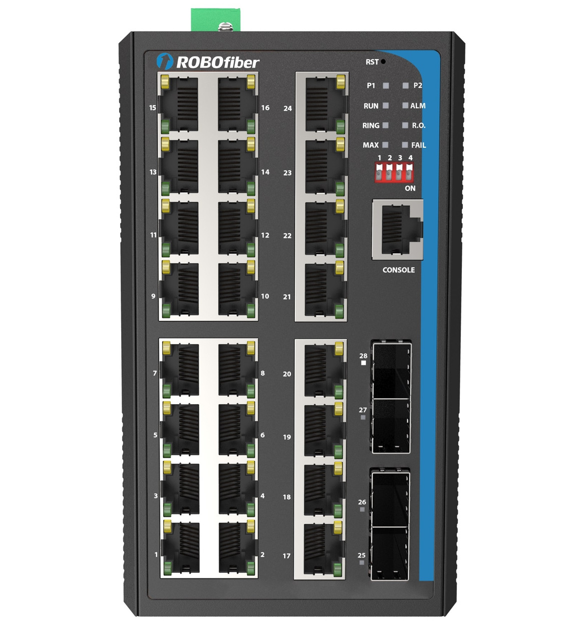 HGW-2404SM - 24x RJ45 + 4x SFP ports Gigabit Ethernet Managed Industrial fiber switch front view