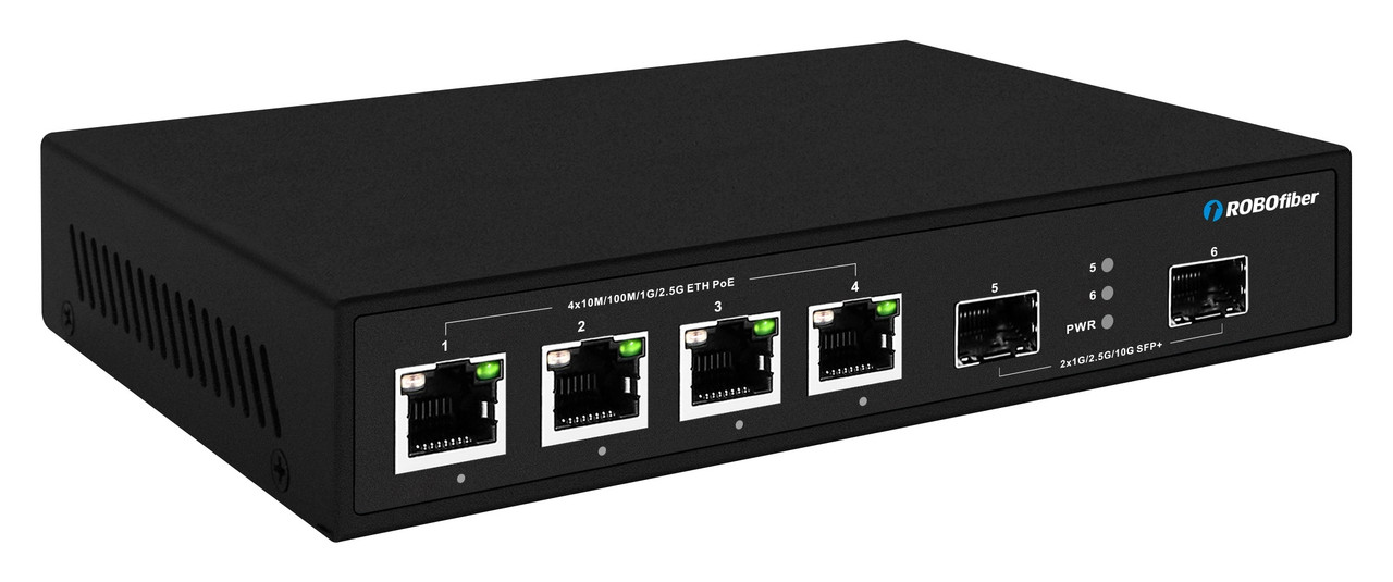 RB10-402S-PSE 4x 100M/1G/2.5G Ethernet port switch + 2x 1G/10G SFP+ PoE+ front side view