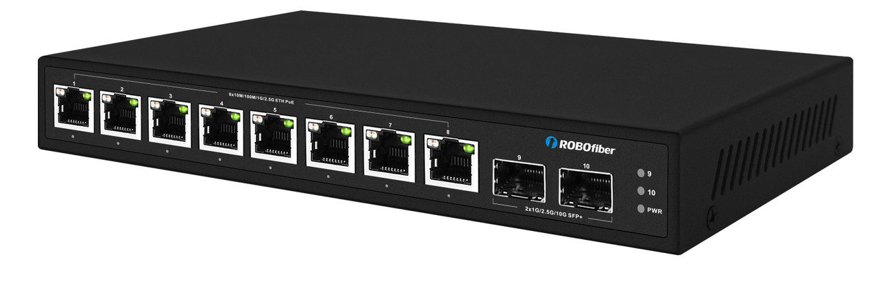 RB10-802S-PSE 8x 100M/1G/2.5G Ethernet port switch + 2x 1G/10G SFP+ PoE+ front side view