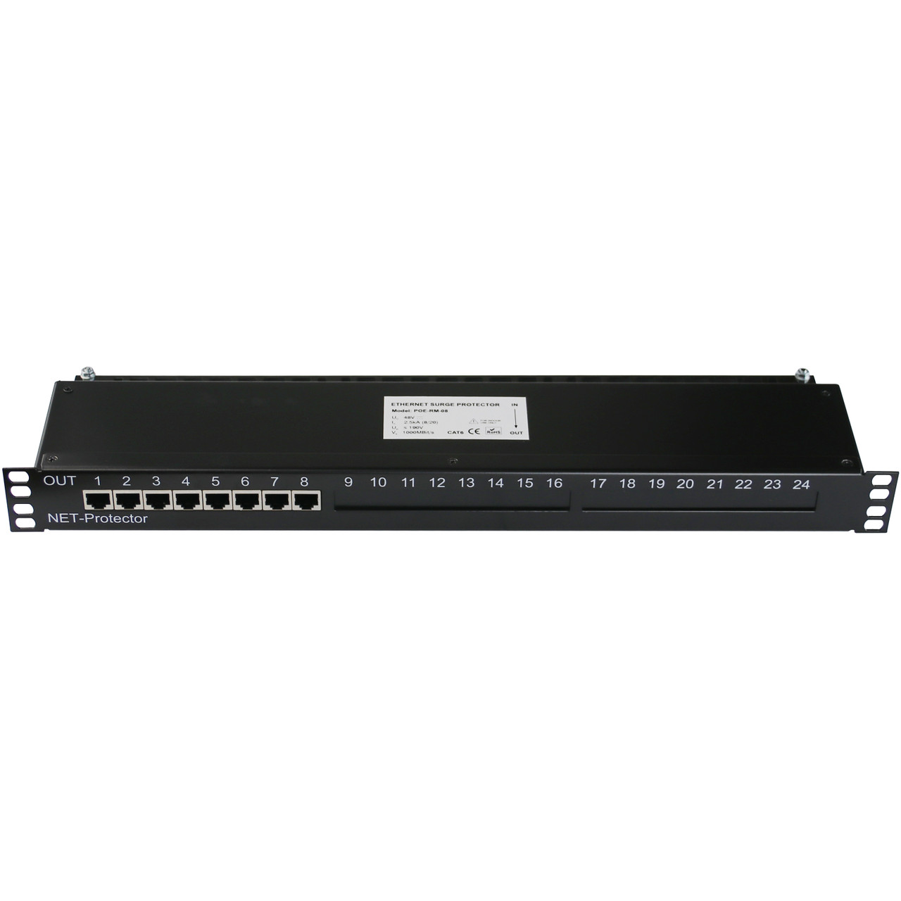 POE-RM-08 - 8 port Full 8 pin Cat6 RJ45 Gigabit Ethernet surge protector with PoE support 19" rack mountable, modular POE-RM-08 - 8 port Full 8 pin Cat6 RJ45 Gigabit Ethernet surge protector with PoE support 19" rack mountable, modular