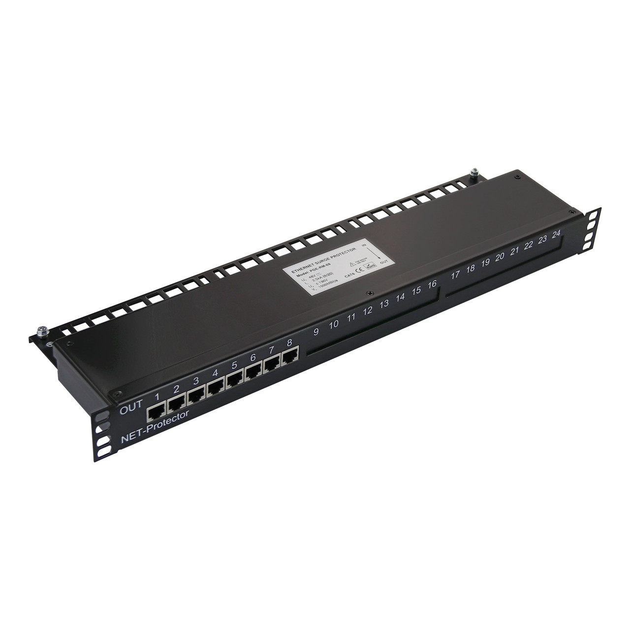 POE-RM-08 - 8 port Full 8 pin Cat6 RJ45 Gigabit Ethernet surge protector with PoE support 19" rack mountable, modular POE-RM-08 - 8 port Full 8 pin Cat6 RJ45 Gigabit Ethernet surge protector with PoE support 19" rack mountable, modular