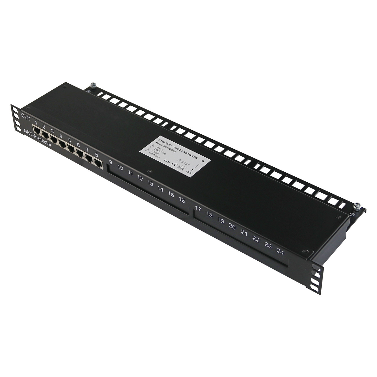 POE-RM-08 - 8 port Full 8 pin Cat6 RJ45 Gigabit Ethernet surge protector with PoE support 19" rack mountable, modular POE-RM-08 - 8 port Full 8 pin Cat6 RJ45 Gigabit Ethernet surge protector with PoE support 19" rack mountable, modular