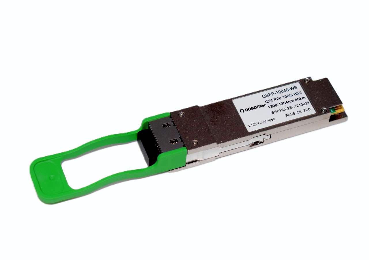 QSFP-10040-WB - QSFP28 100G BiDi ER1 optical transceiver, single-mode single strand, 1309/1304nm, 40Km, single LC/UPC connector - perspective view