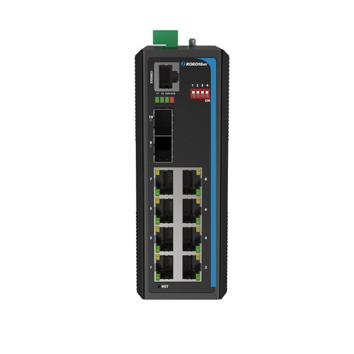 HGW-802SM Gigabit Ethernet Industrial switch with Gigabit fiber ports front view, console and DIP switches