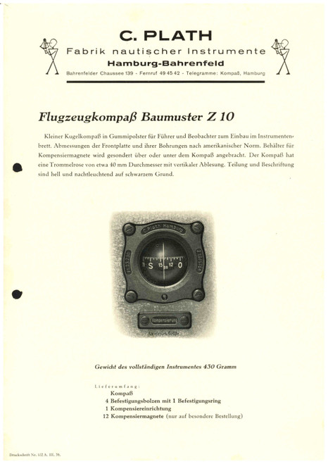 Plath Aircraft Compass Model Z 10 Manual for Aircraft,Plath Kompasse(German Language ) Plath Aircraft Compass Model Z 10 Manual for Aircraft,Plath Kompasse(German Language )