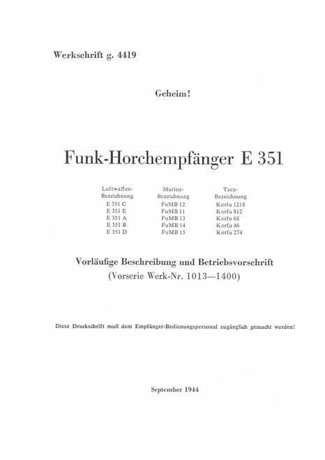 Funk-Horchempfänger E 351 Radio Interception Receiver Manual,Funk-Horchempfänger E 351 (German Language ) Funk-Horchempfänger E 351 Radio Interception Receiver Manual,Funk-Horchempfänger E 351 (German Language )