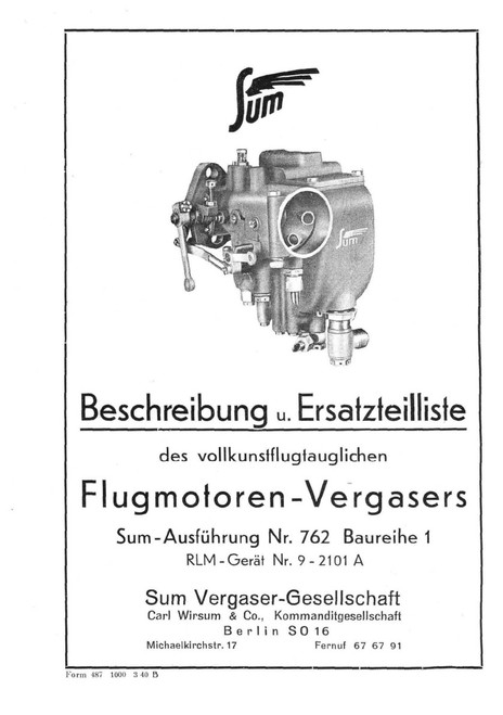 SUM carburetor 762 for HM 504 Illustrated Parts Catalog and Operating Instructions Manual, Vergaser 762 fuer HM 504 (German language) SUM carburetor 762 for HM 504 Illustrated Parts Catalog and Operating Instructions Manual, Vergaser 762 fuer HM 504 (German language)