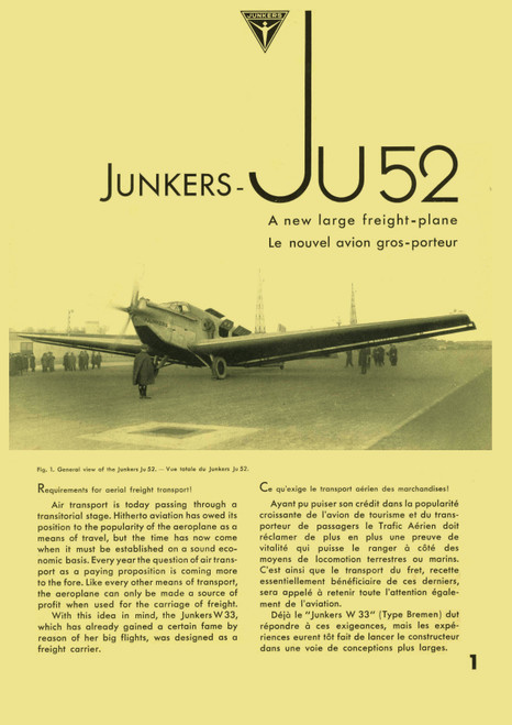 Junkers Ju 52 A new large treight plane,  brochure (multilingual: English, French)