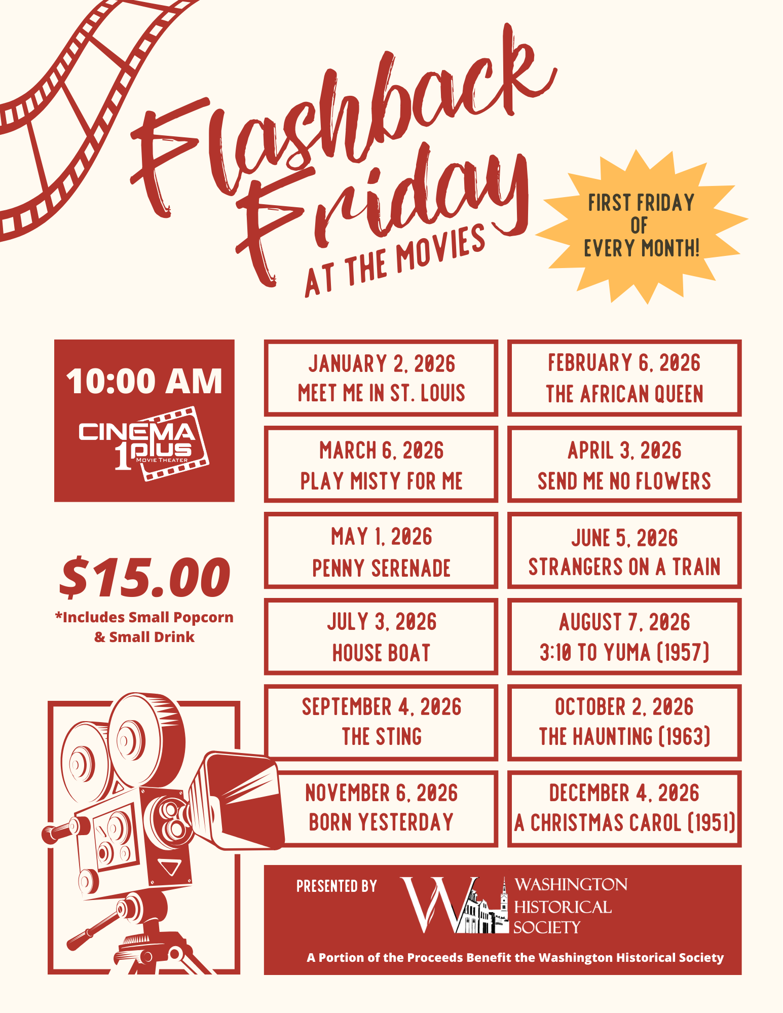 Official flyer for the Flashback Friday at the Movies events.  Contains the same information as the website