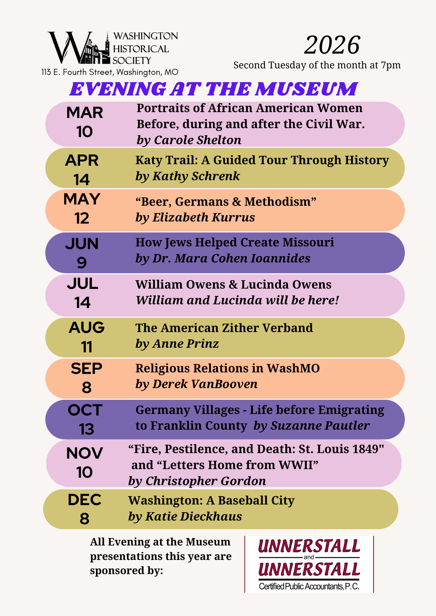 Flyer for Evening at the Museum event containing the same information on this website page.