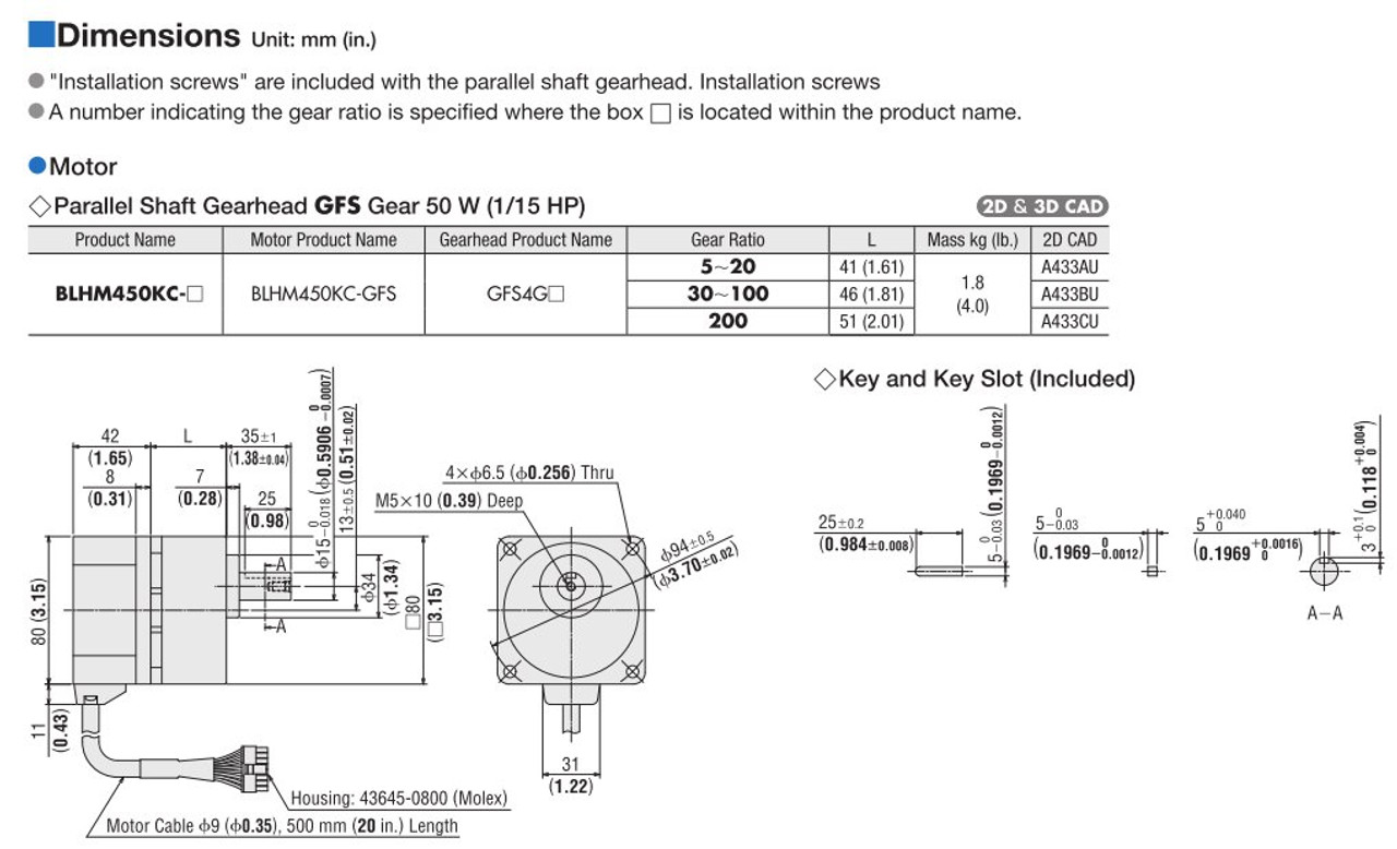 BLHM450KC-15 / BLH2D50-K - Dimensions