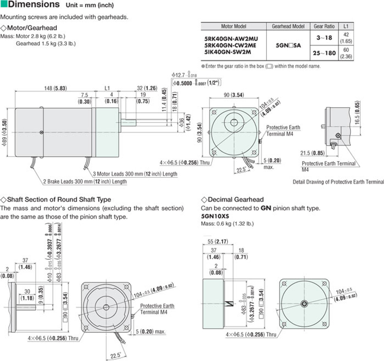 5RK40GN-AW2MU / 5GN3.6SA - Dimensions