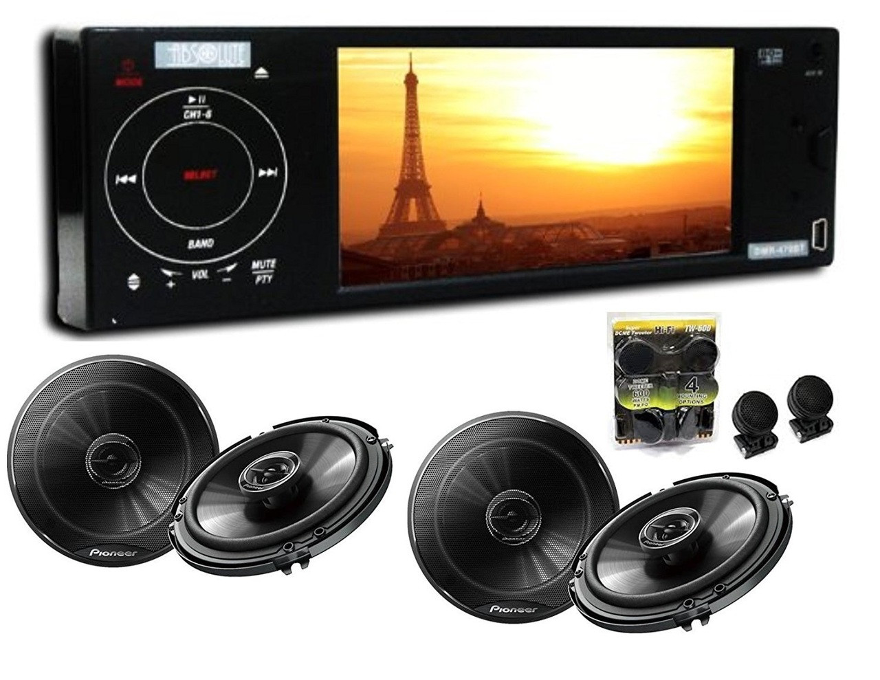 Absolute DMR-470BT 4.2-Inch In-Dash TFT LCD Monitor Multimedia DVD Player With 2 Pairs Of Pioneer TS-G1645R 6.5 Speakers And Free Absolute TW600 Tweeter
