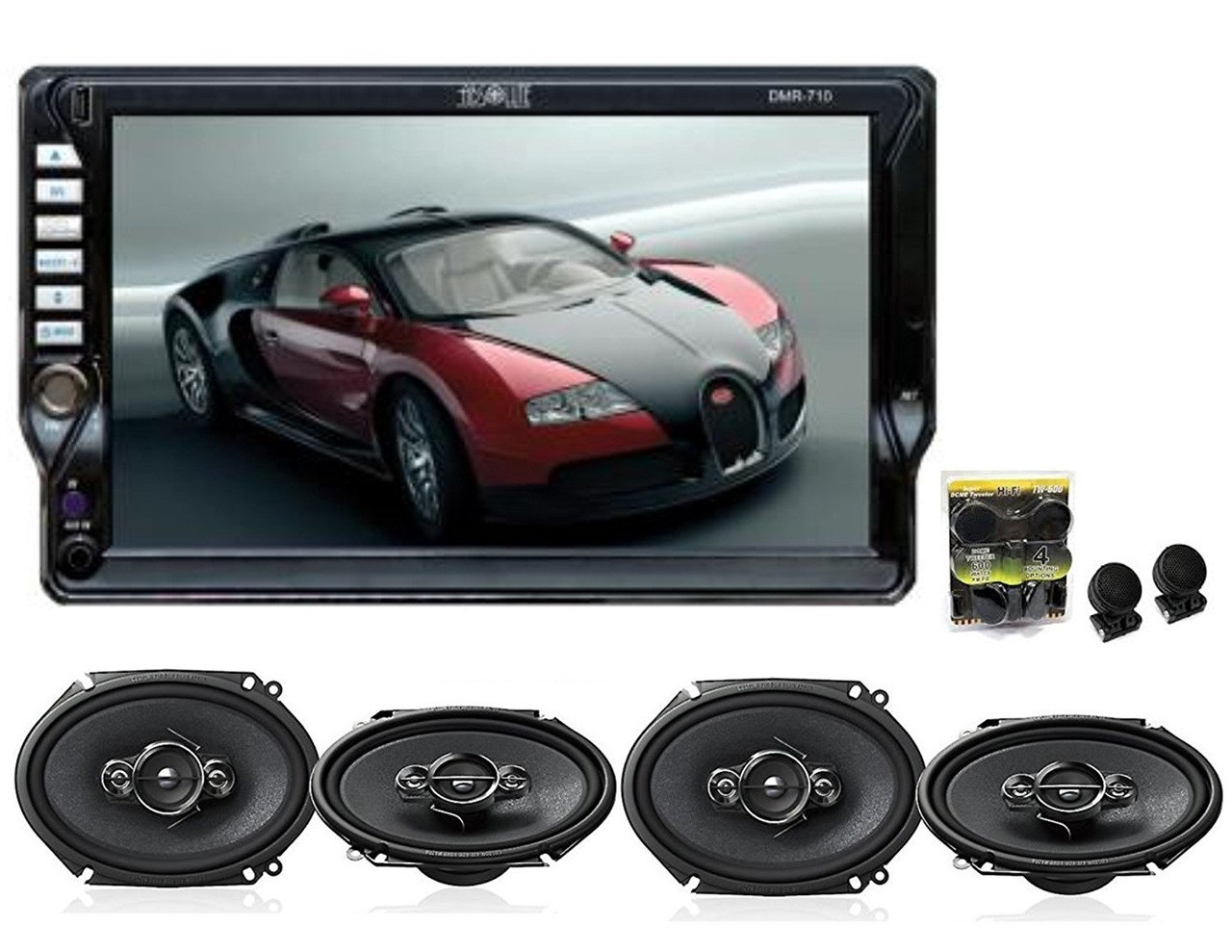 Absolute Dmr-710t Single DIN 7" Dvd, Mp3, Cd Touchscreen Monitor With 2 Pairs Of Pioneer TS-A6886R 6x8 Speakers And Free Absolute TW600 Tweeter