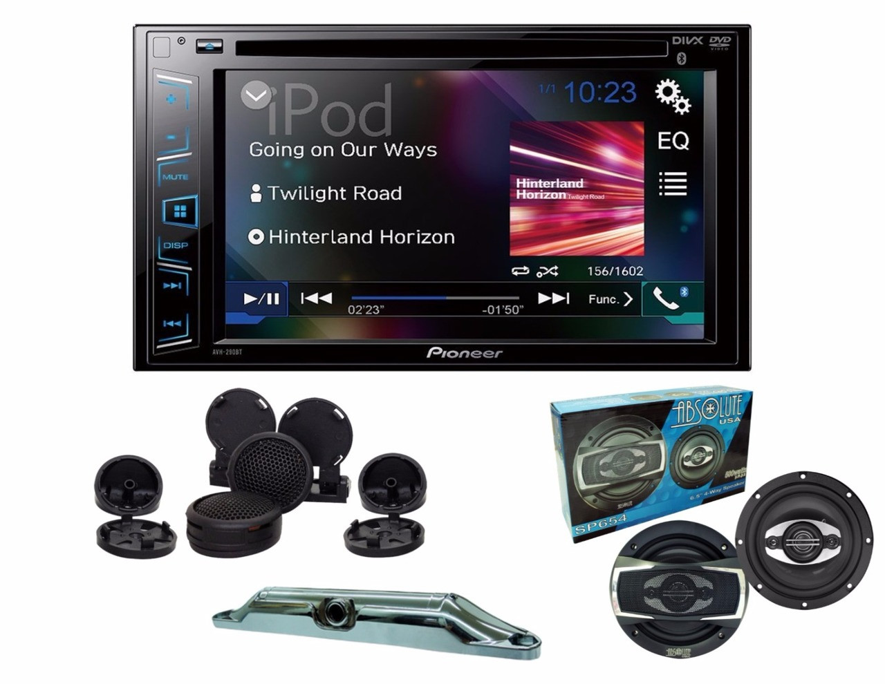 Pioneer DVD player AVH-290BT with Absolute TW800 tweeter, SP654 6.5" speakers and Cam-800 back up camera