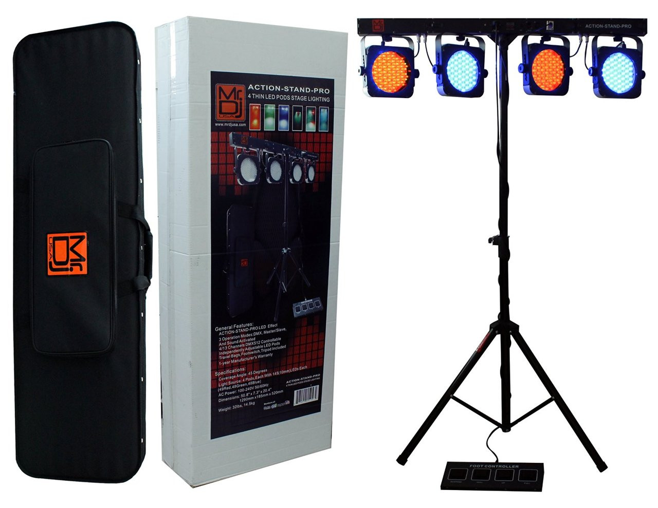 MR.DJ ACTION-STAND-PRO LED LIGHTNING 4 THIN LED PODS STAGE LIGHTNING WITH TRAVEL BAG