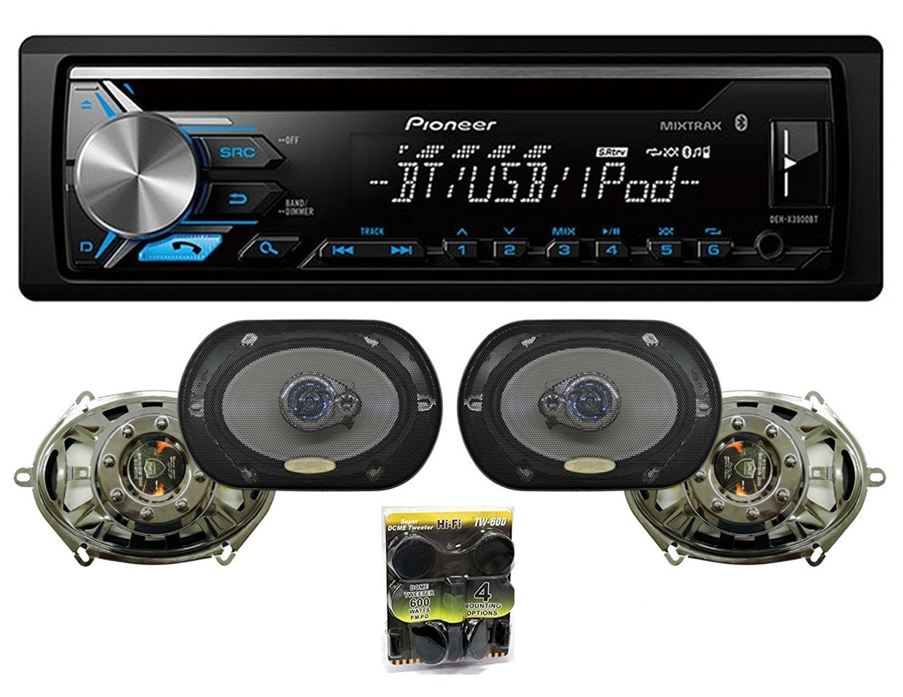 Pioneer DEH-X3900BT Vehicle CD Digital Music Player Receivers, Black With 2 Pairs Of Absolute HQ573 6x8 Speakers And Free TW600 Tweeter