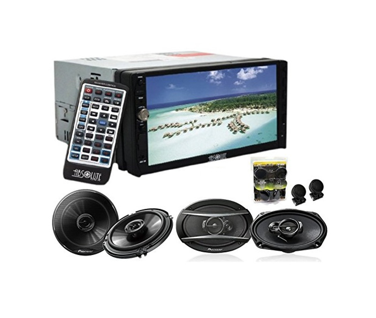 Absolute DD-3000 7-Inch Double Din Multimedia DVD Player With Pioneer TS-G1645R 6.5, TS-A6966R 6x9 Speakers And Free Absolute TW600 Tweeter