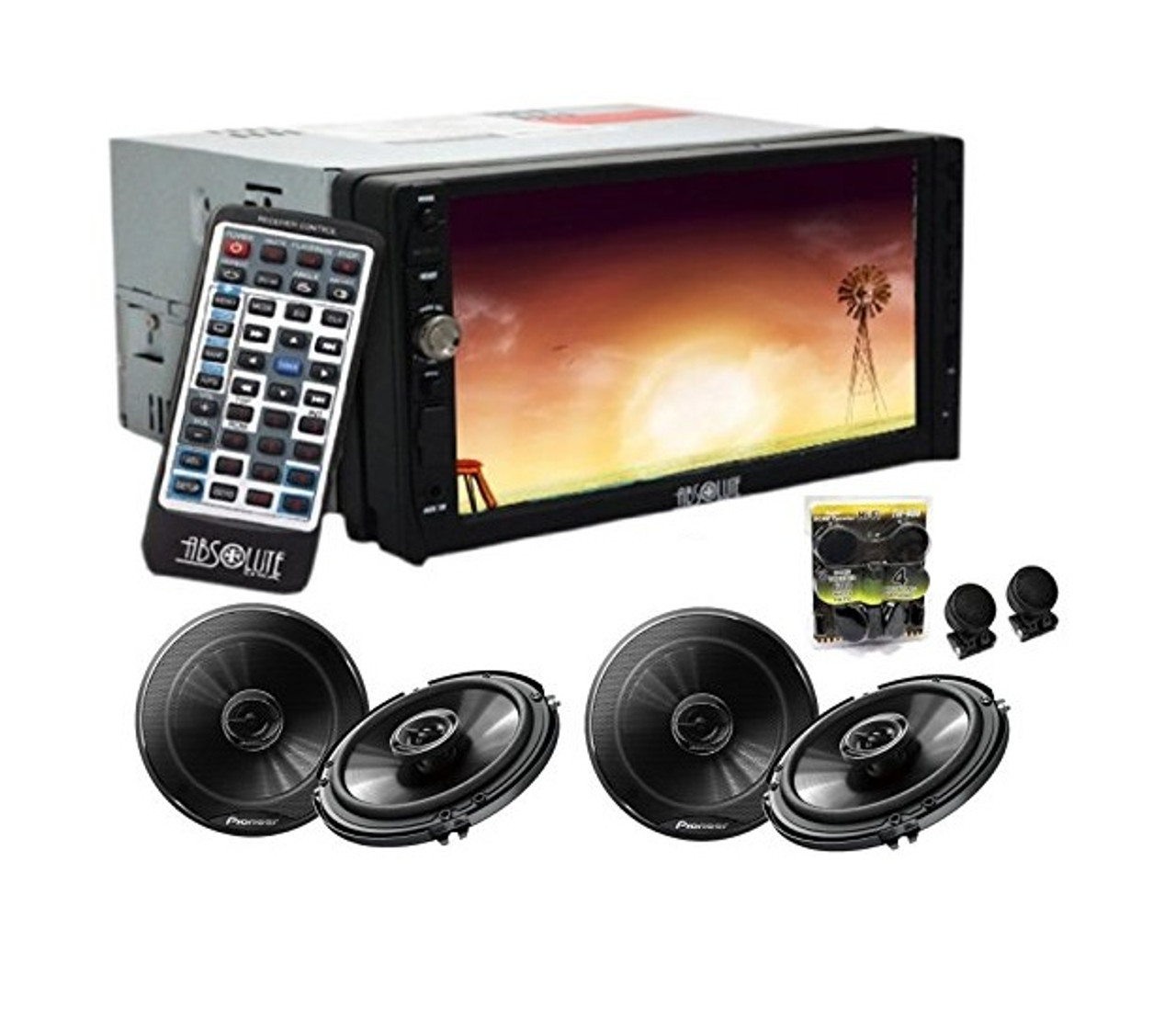 Absolute DD-3000ABT 7-Inch Double Din Multimedia DVD Player Receiver With 2 Pair Pioneer TS-G1645R 6.5 Speakers And Free Absolute TW600 Tweeter
