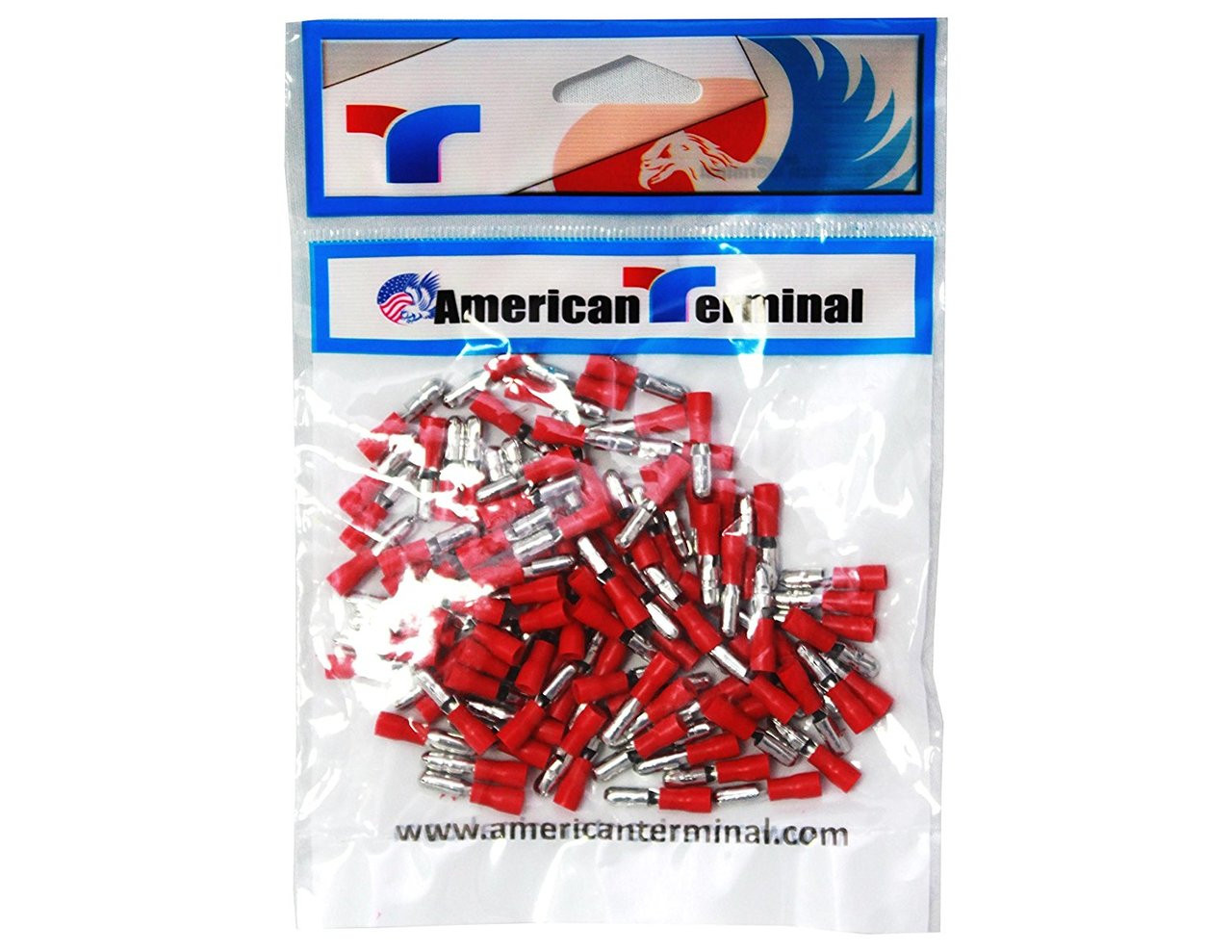 American Terminal E-BVLMRV-100 18/22 Gauge Vinyl Male Solderless Crimp Bullet Plug Connectors, Red