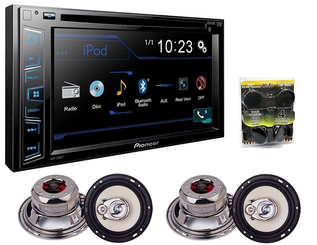 Pioneer DVD player AVH-290BT , 6.2 With 2 Pairs Of Absolute HQ653 6.5 Speakers And Free TW600 Tweeter