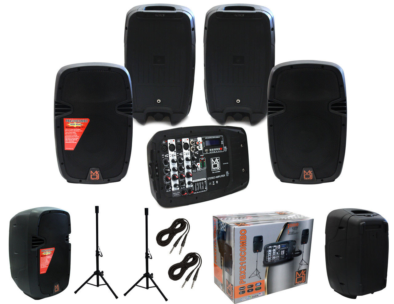 MR DJ PBX210COMBO PORTABLE ALL IN ONE PERSONAL PA/DJ SYSTEM 2X 10" 3000W BLUETOOTH ACTIVE SPEAKER WITH DETACHABLE MIXER & STANDS