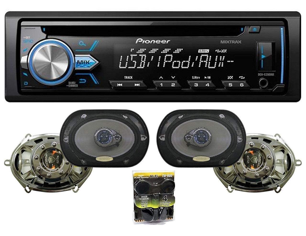 Pioneer DEH-X2900UI Single-DIN In-Dash CD Receiver With 2 Pairs Of Absolute HQ573 6x8 Speakers And Free TW600 Tweeter