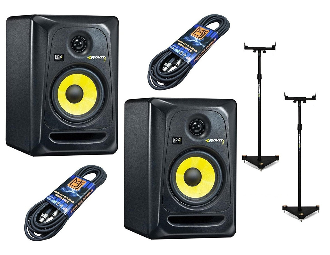 2 KRK RP5G3-NA With Pair Of Samson MS100 Monitor Stands and 2 Mr. DJ 25ft XLR to XLR cables