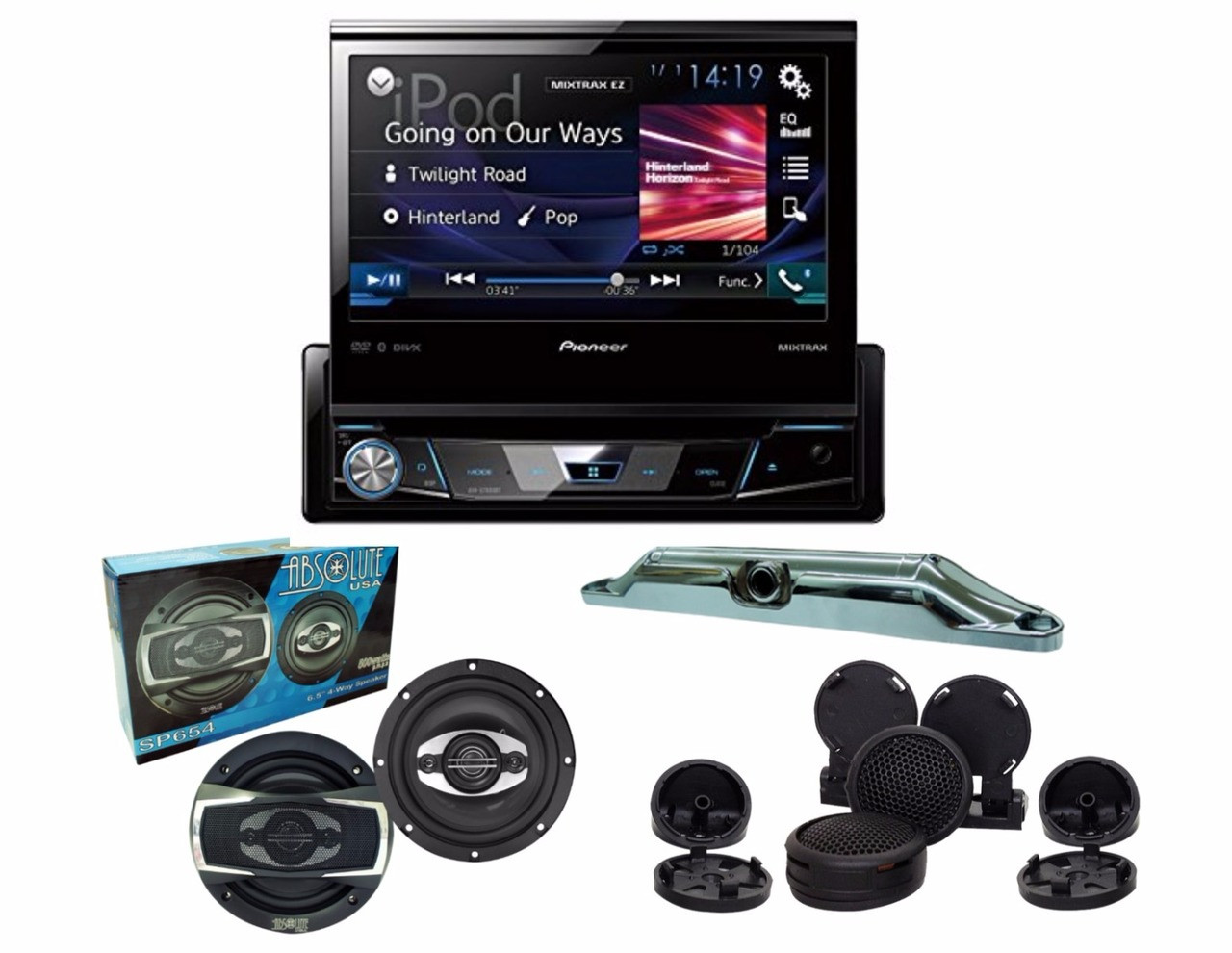 Pioneer AVH-X7800BT with Absolute TW800 tweeter, SP654 6.5" speakers and Cam-800 back up camera