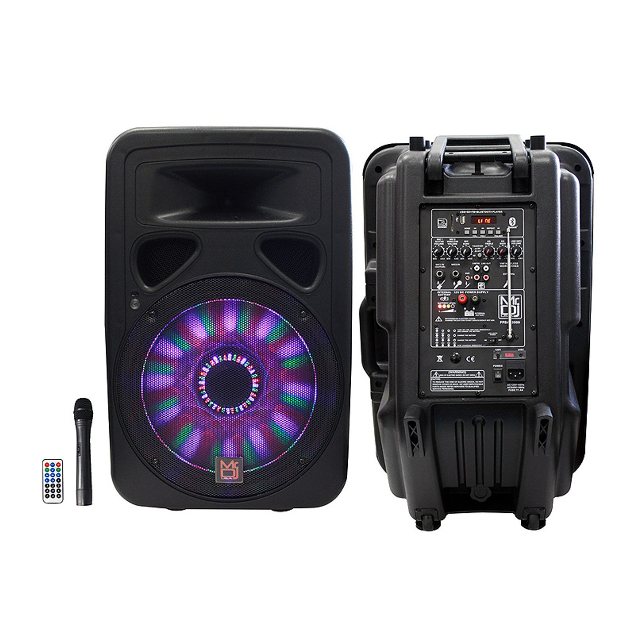 MR DJ PPBAT3000 15" 3000W SPEAKER WITH BUILT-IN BLUETOOTH, RECHARGEABLE BATTERY, FM RADIO, EQ, USB AND SD