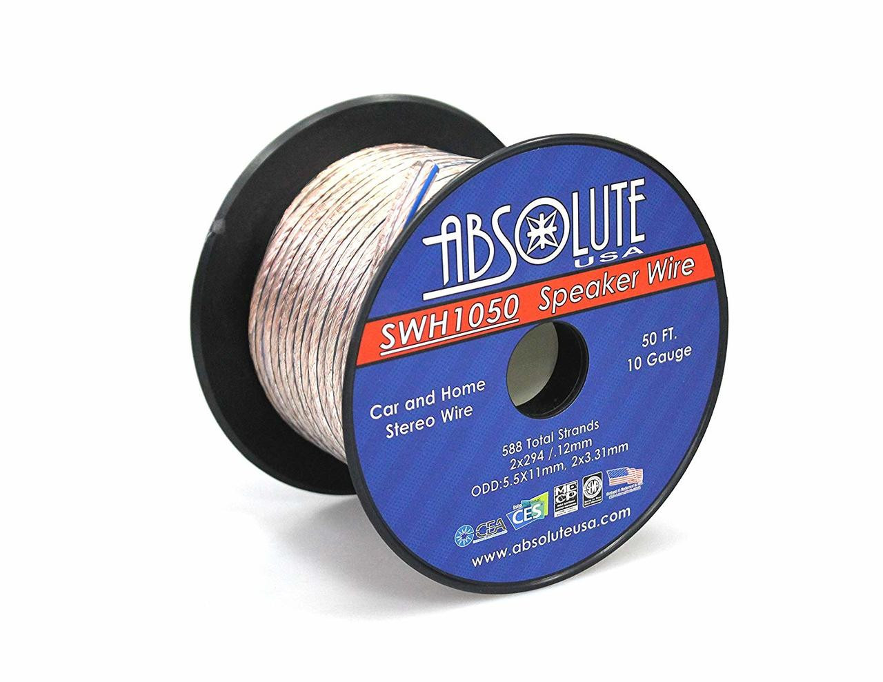 Absolute USA SWH1050 10 Gauge Car Home Audio Speaker Wire Cable Spool 50'