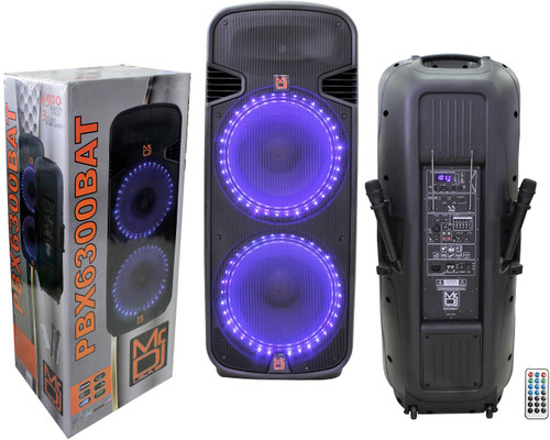 MR DJ PBX6300BAT PROFESSIONAL DUAL 15" BLUETOOTH KARAOKE PA/DJ RECHARGEABLE BATTERY POWER ACTIVE SPEAKER